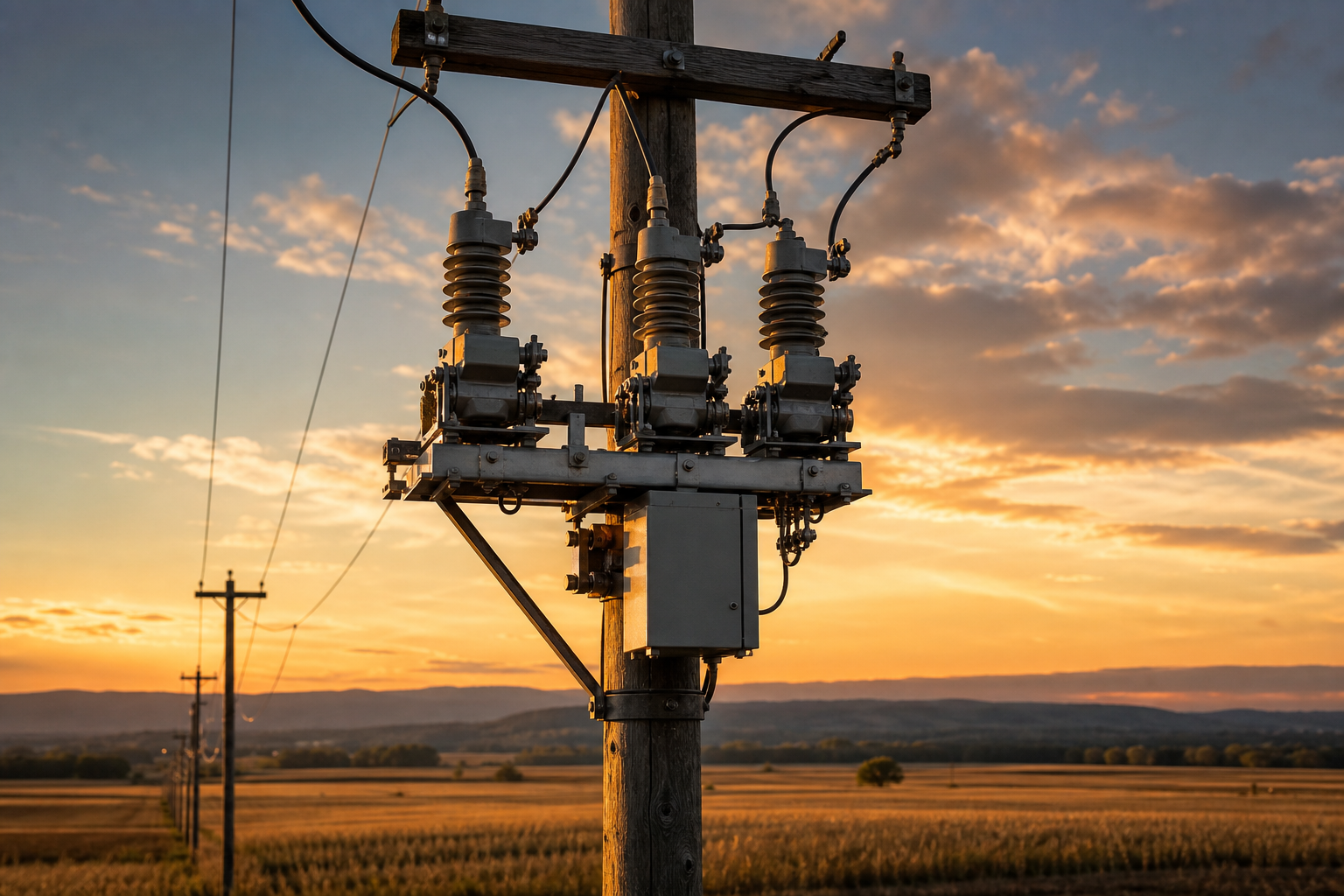 Pole-mounted vacuum circuit breaker on a rural line at dusk
