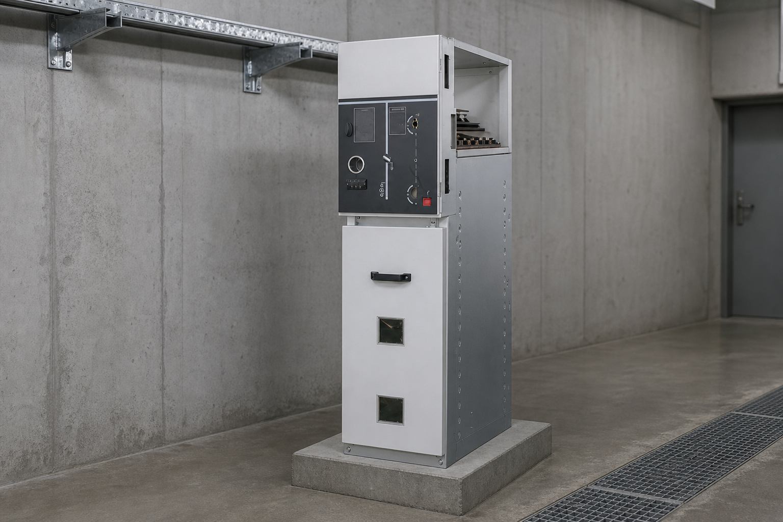 Metal-enclosed medium-voltage ring main unit cubicle installed on a concrete plinth in an indoor distribution substation