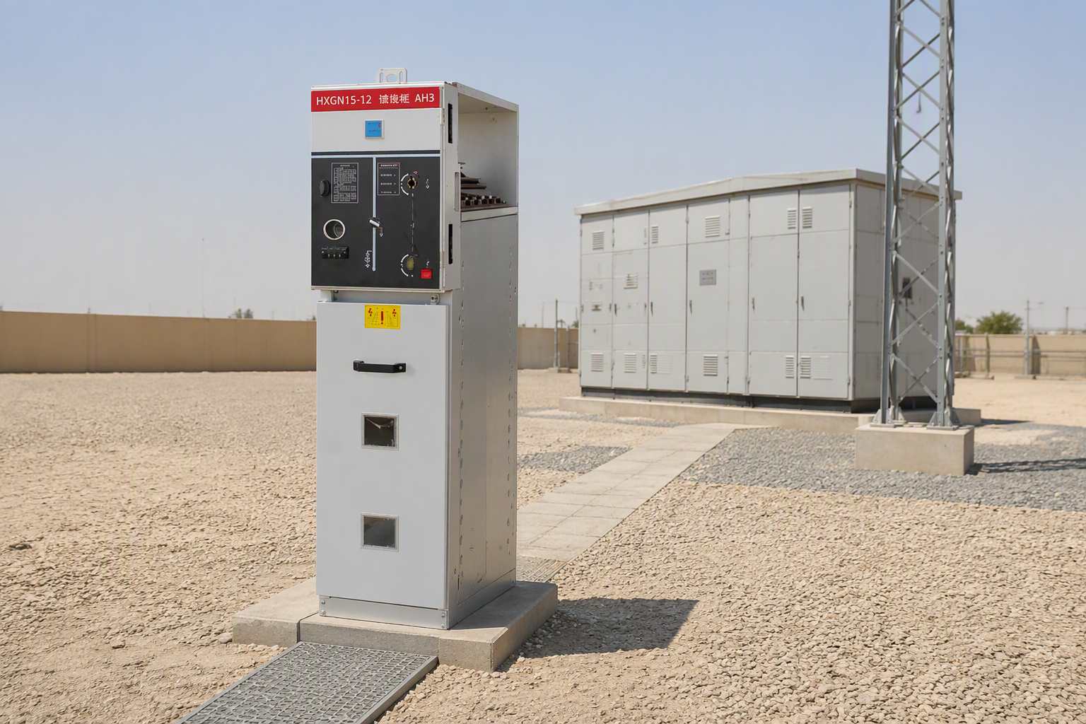 Metal-enclosed ring main unit installed on a concrete plinth at an outdoor distribution substation