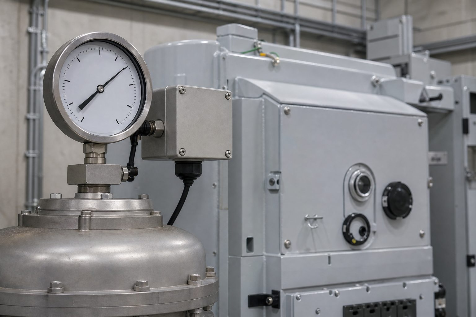 SF6 gas density monitor with alarm contacts mounted on a gas-insulated ring main unit tank