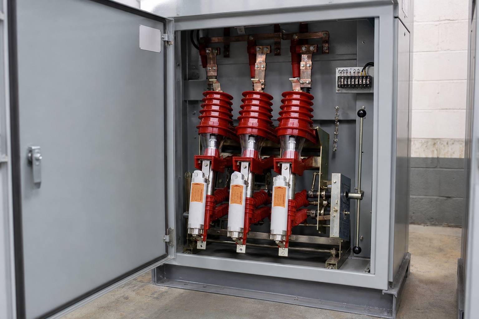 Three-pole vacuum load break switch mounted in a distribution cubicle