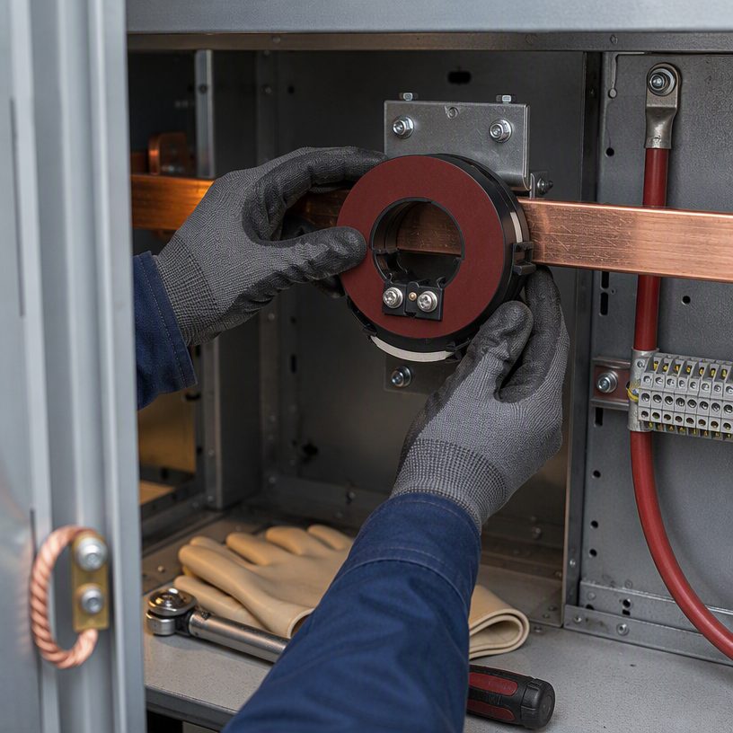 LMZK-10 split-core current transformer being clamped onto a busbar inside a live switchgear cabinet