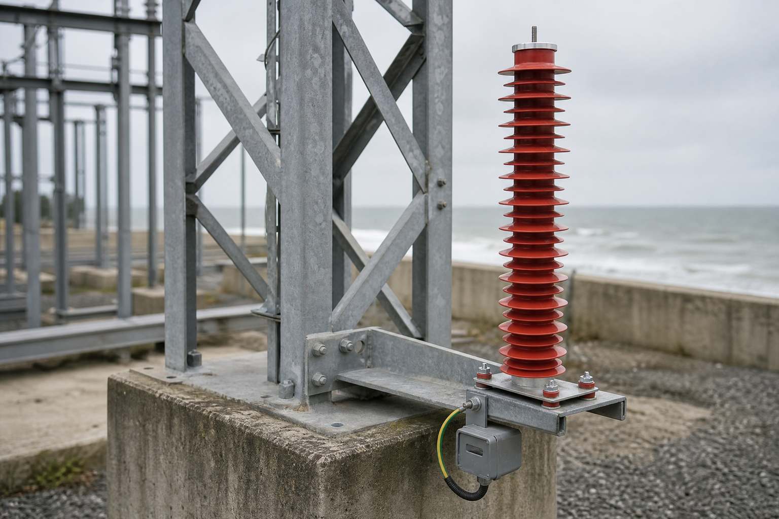Metal-oxide surge arrester with surge counter and leakage current monitor installed at an outdoor 33 kV substation