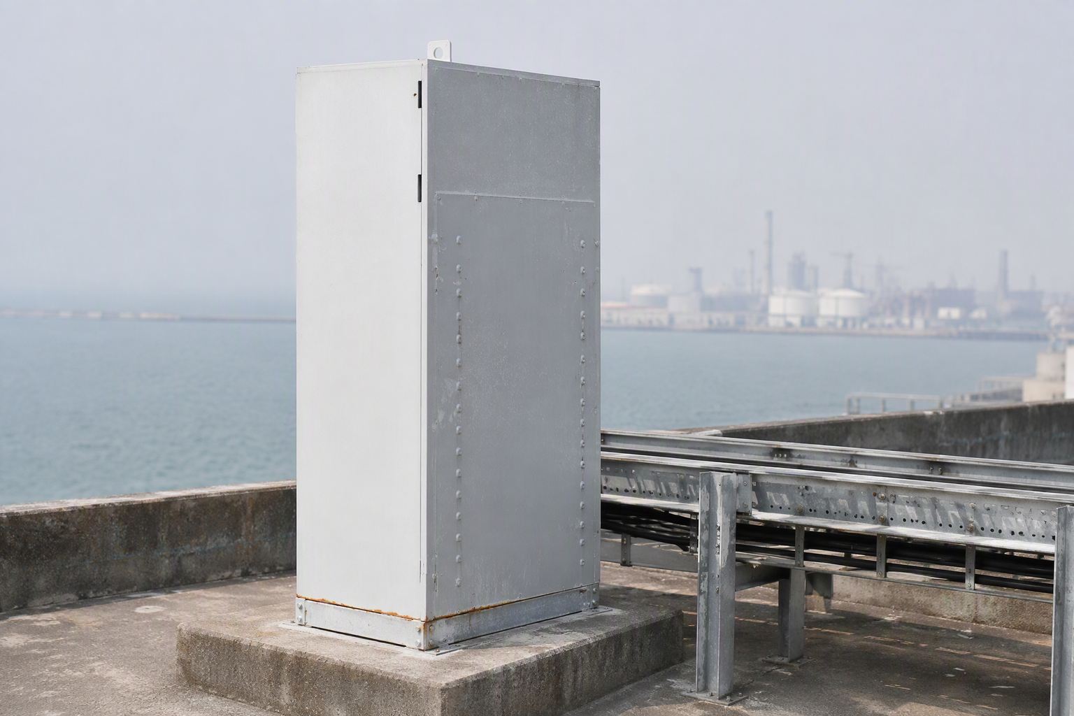 Coated metal-enclosed MV switchgear enclosure installed at a coastal substation with salt-resistant finish