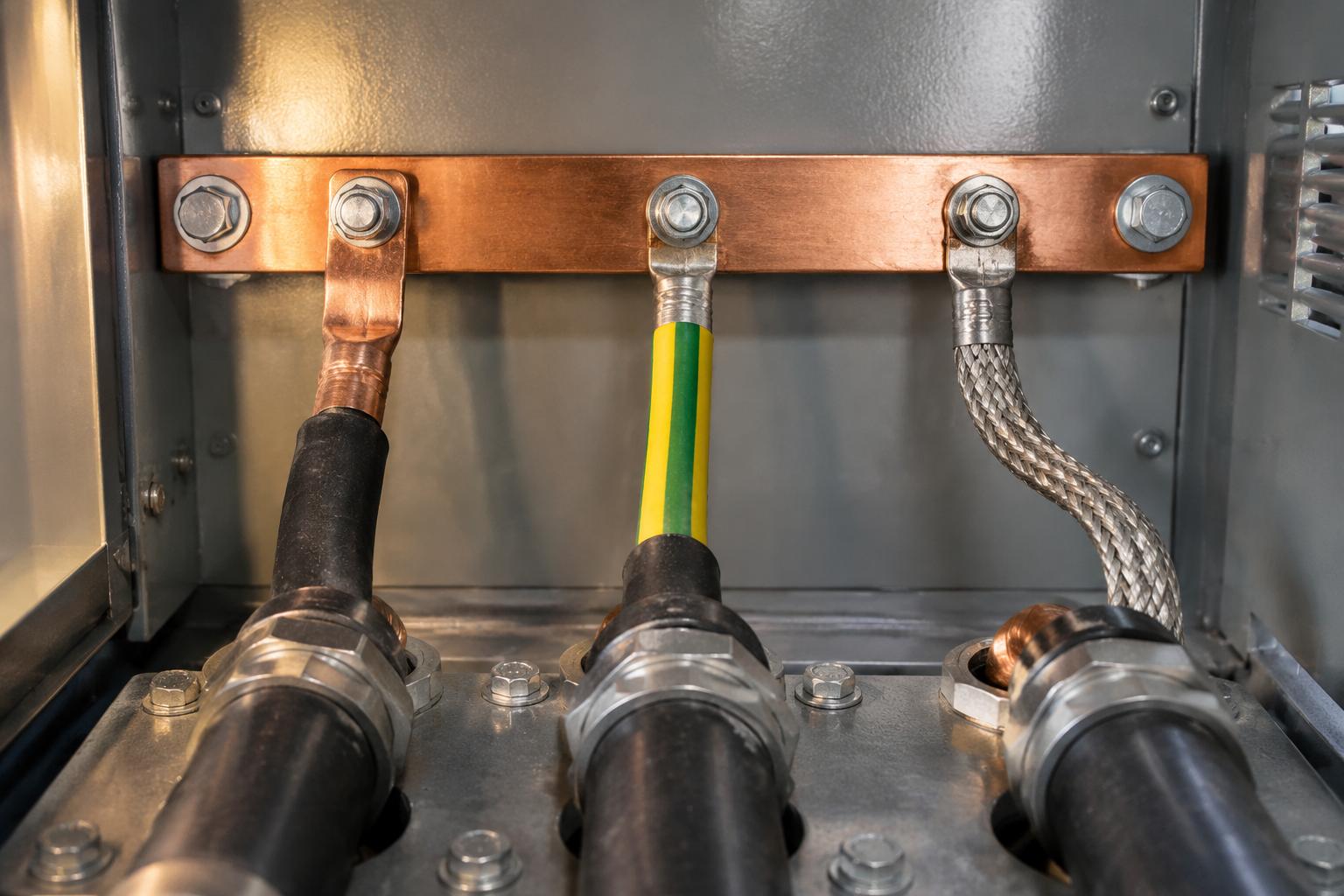 Copper earthing bar with bolted connections inside the cable compartment of a medium-voltage switchgear panel