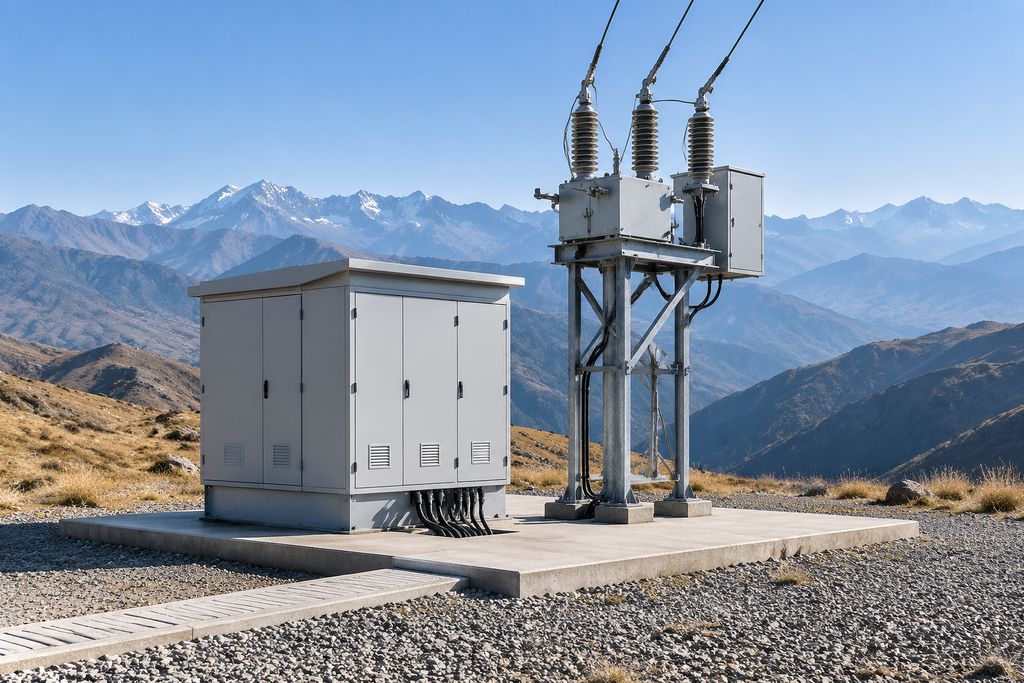 Outdoor medium-voltage switchgear enclosure and pole-mounted circuit breaker on a concrete platform at a high-altitude mountain substation