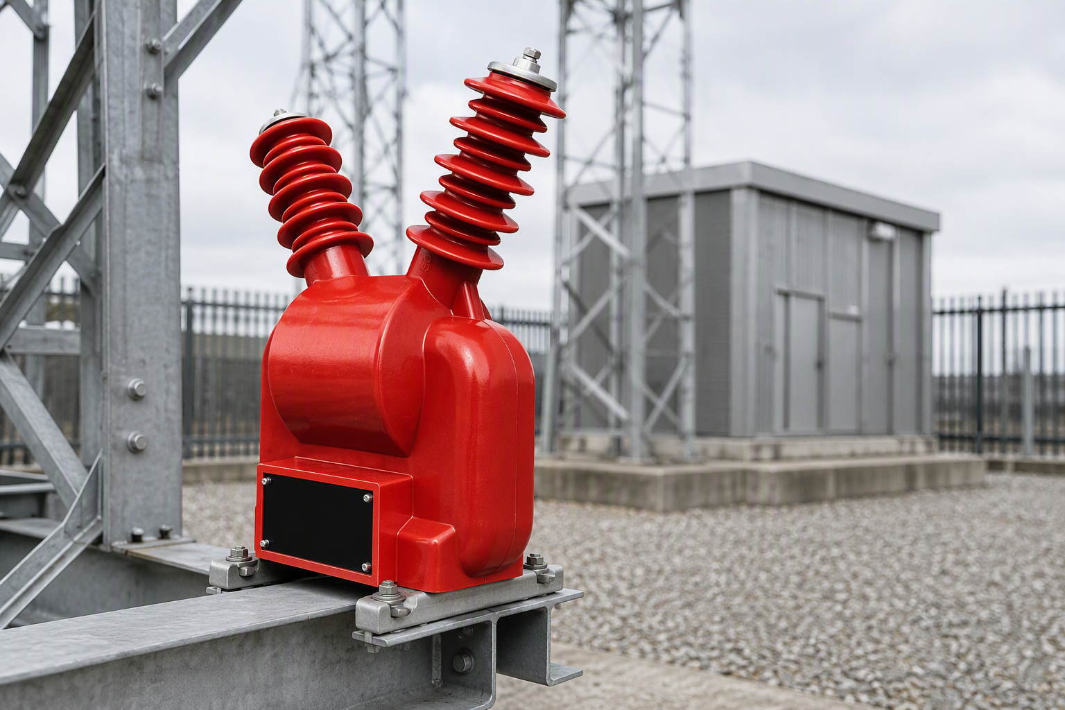 Outdoor cast-resin voltage transformer with two ribbed insulators bolted to a galvanised steel structure at a distribution substation