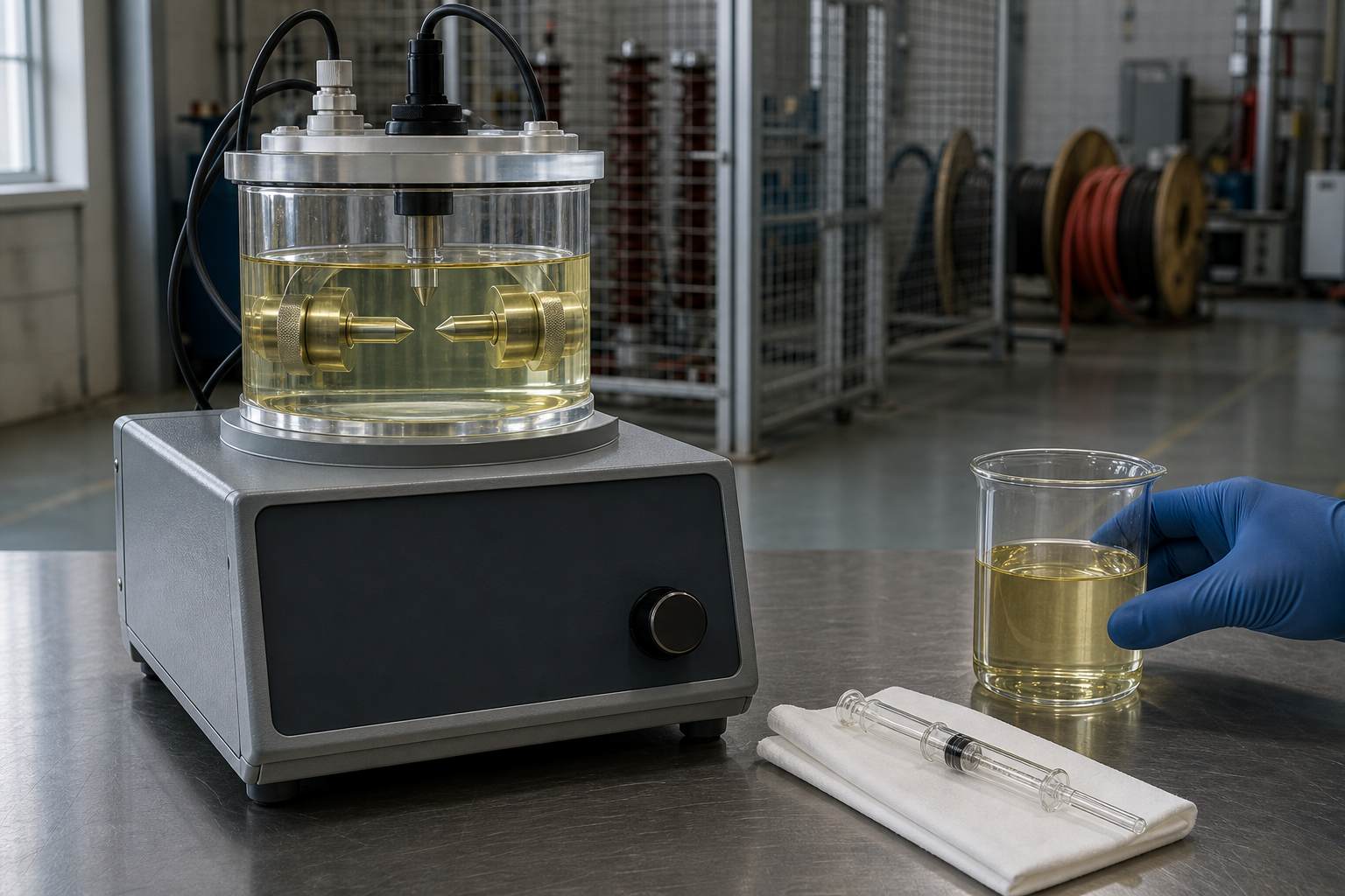 Portable oil breakdown voltage test set with a glass test vessel of transformer oil on a steel workshop bench