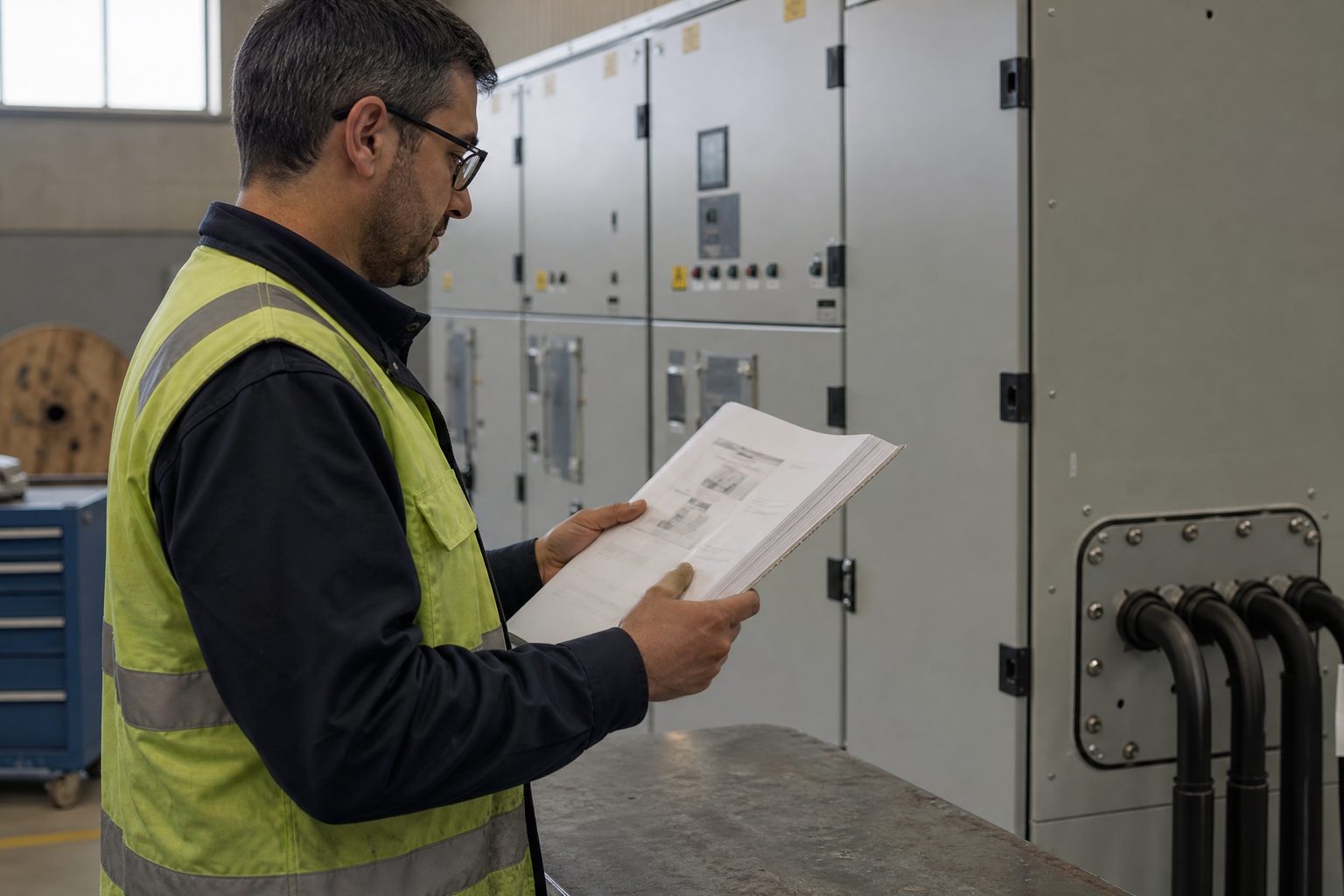Engineer comparing a printed type test report against a medium-voltage switchgear nameplate in a workshop