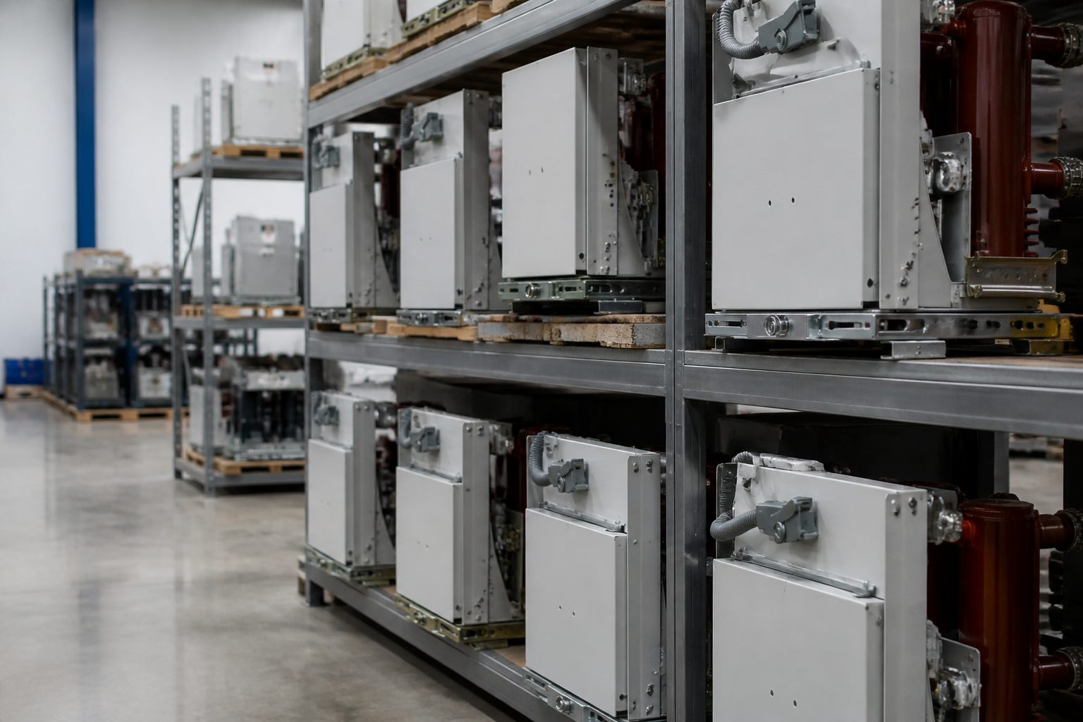 Refurbished circuit breakers in a warehouse
