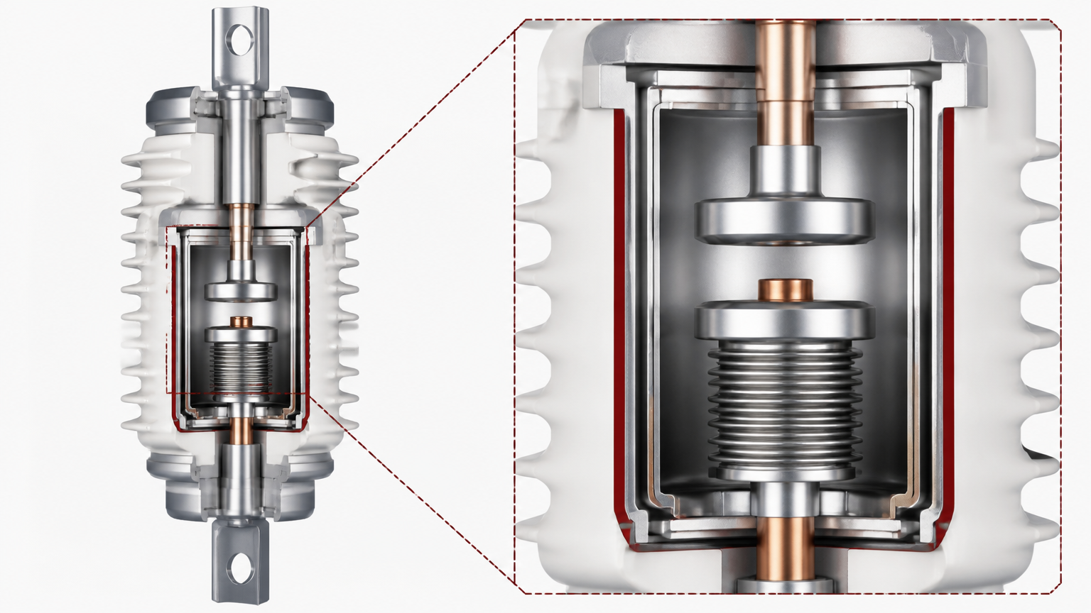 Cutaway of a vacuum interrupter showing contacts, bellows and arc shield