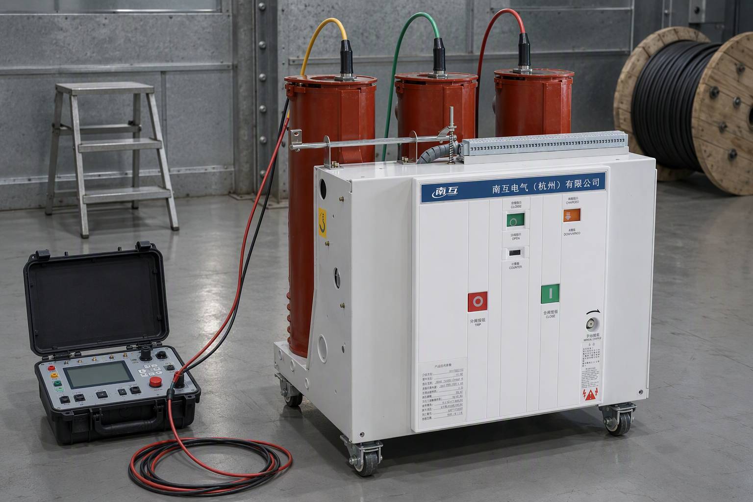 Pre-energisation test on a 10-35 kV vacuum circuit breaker with a portable test set connected to the primary contacts in a substation workshop