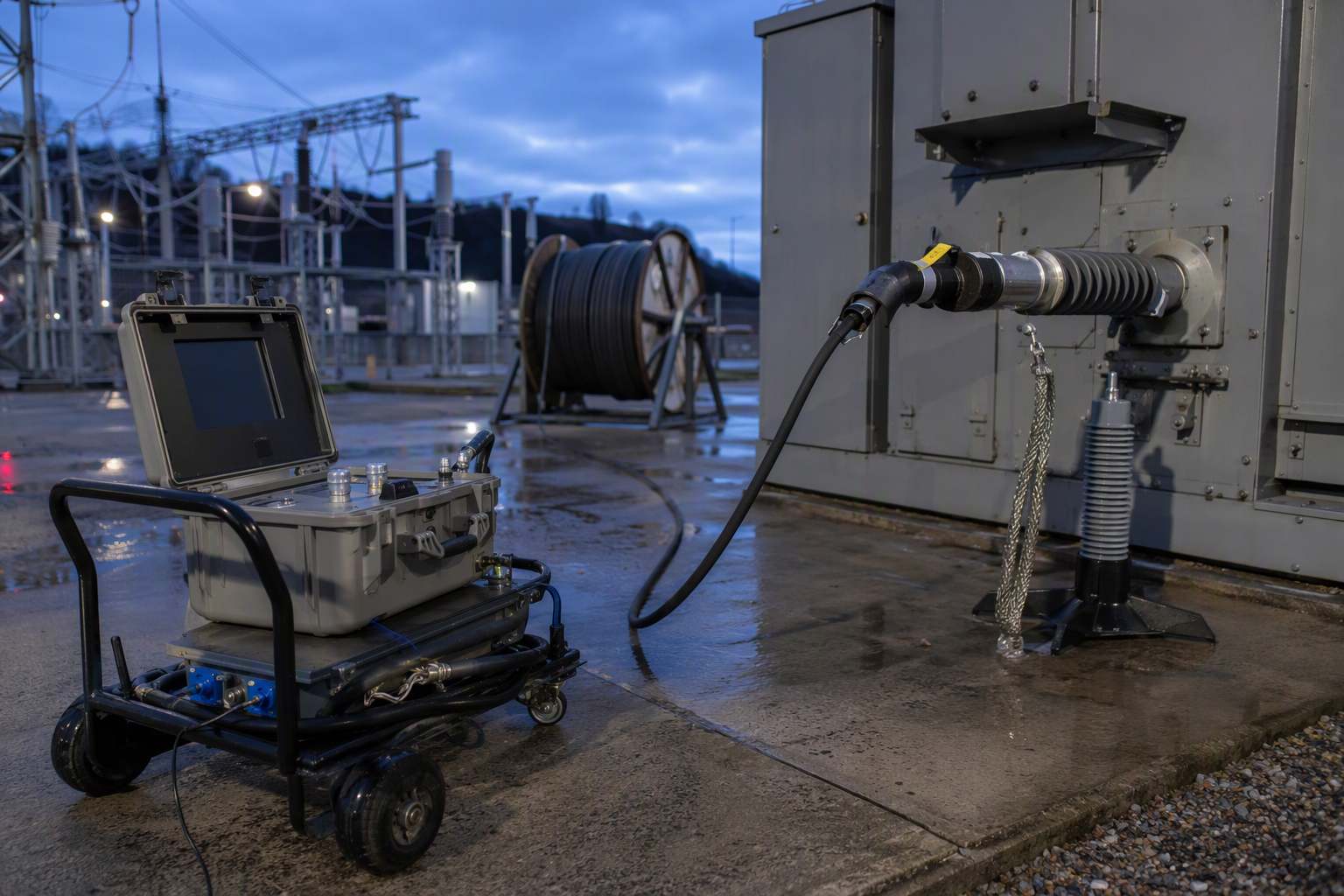 Portable VLF test set connected to a medium-voltage cable termination in a distribution substation