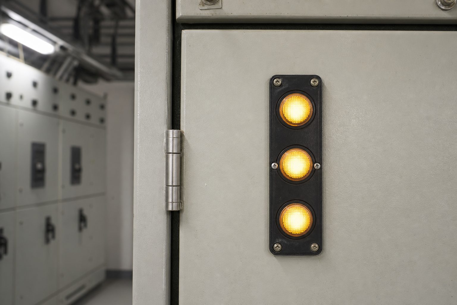 Voltage presence indicator with three phase lamps mounted on the front of a medium-voltage switchgear panel