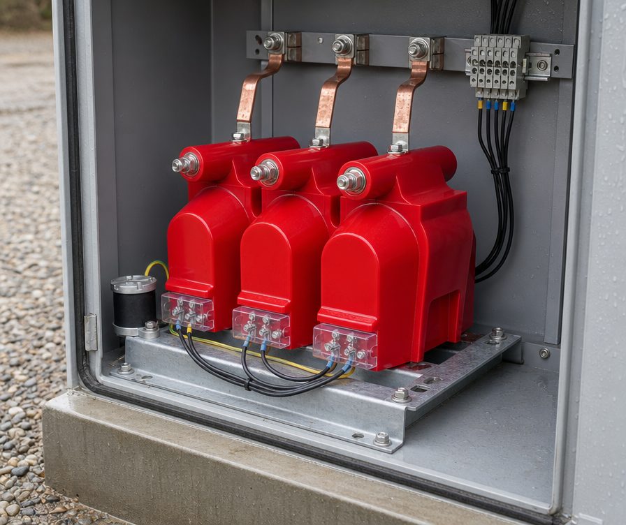 Three-unit ZNOLP-10M voltage transformer set installed in an outdoor MV metering cabinet