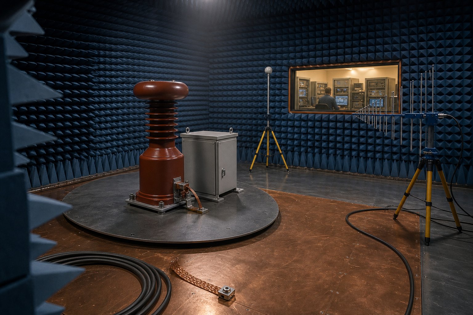 Instrument transformer and switchgear under test inside an EMC anechoic chamber
