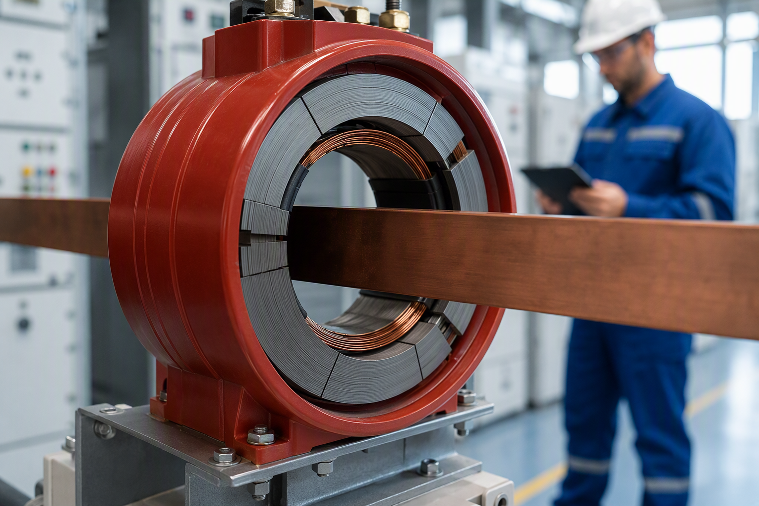 Cut-away view of a toroidal current transformer with the primary busbar through its core