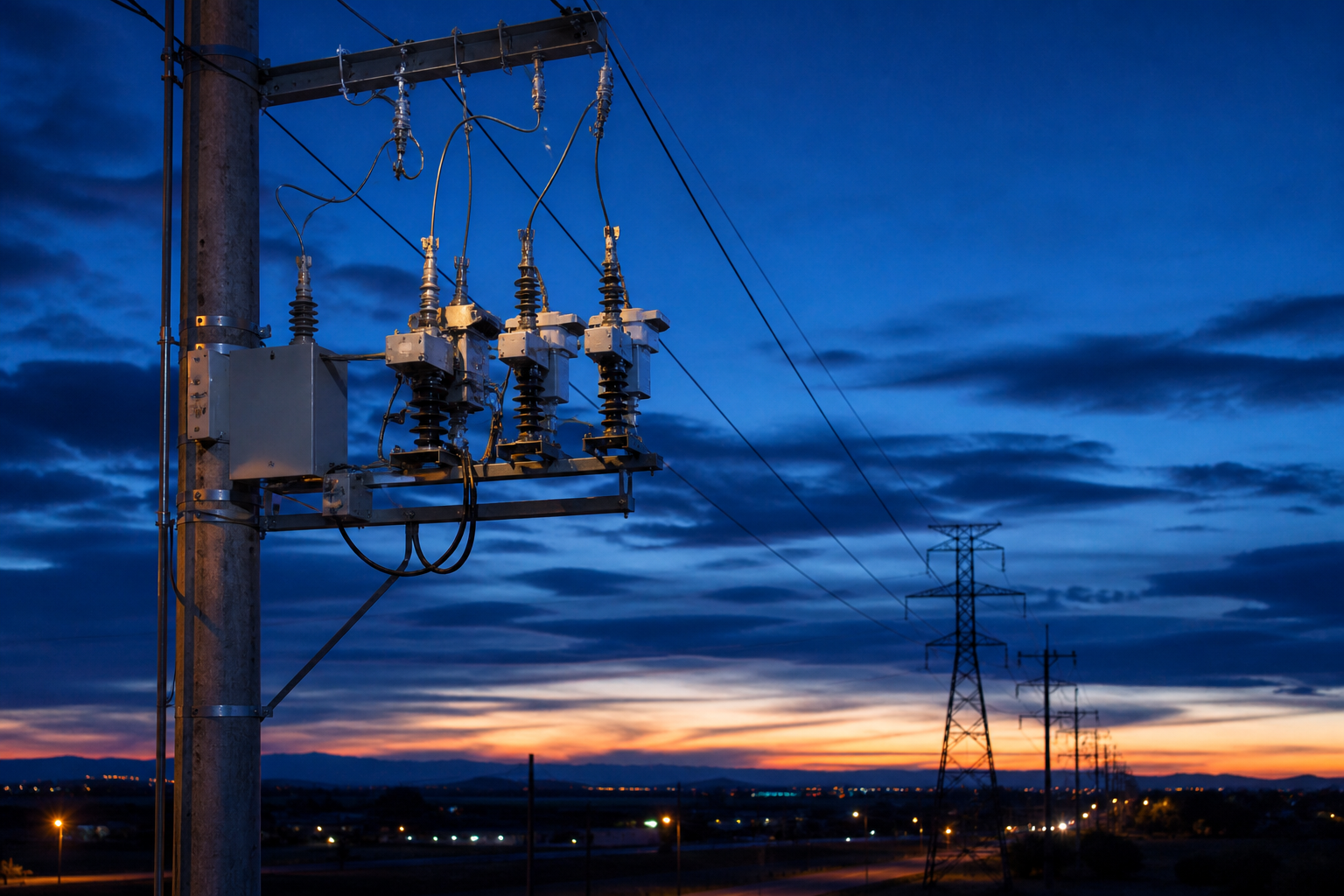 Pole-mounted switchgear and instrument transformers silhouetted against a dusk sky