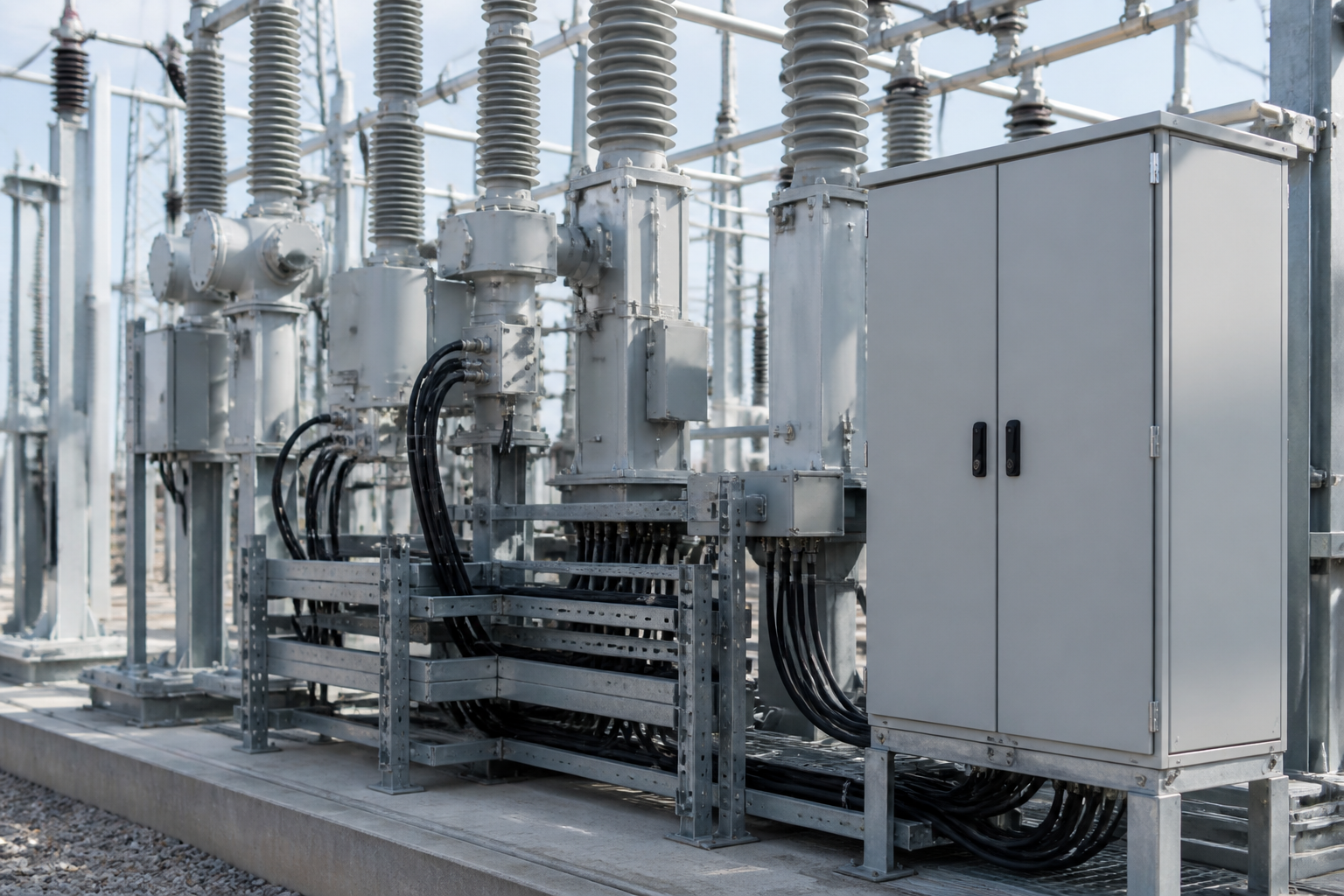 Outdoor high-voltage switchgear and metering cabinet at a substation