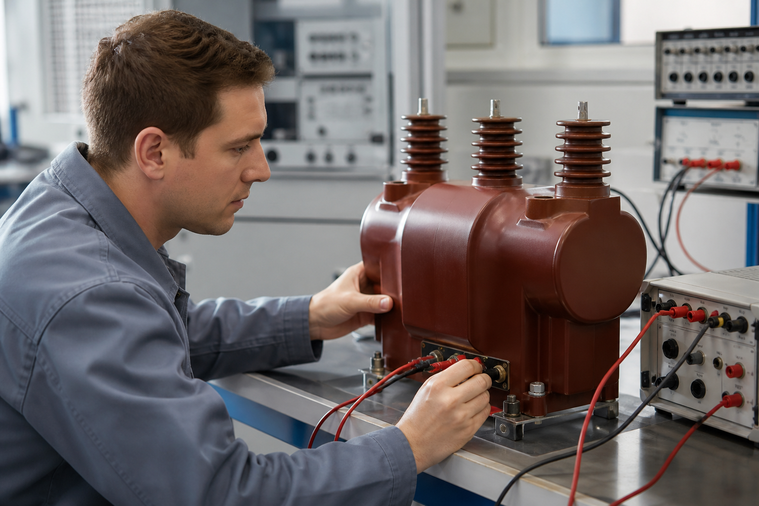 Technician taking electrical measurements on a voltage transformer during quality testing