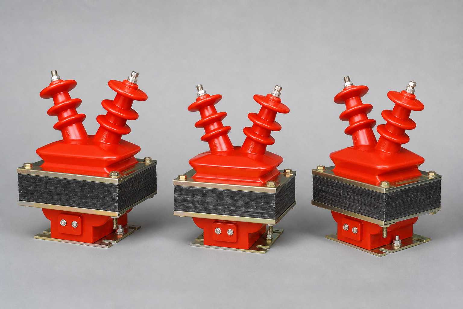 Three voltage transformer types of differing size and construction shown together