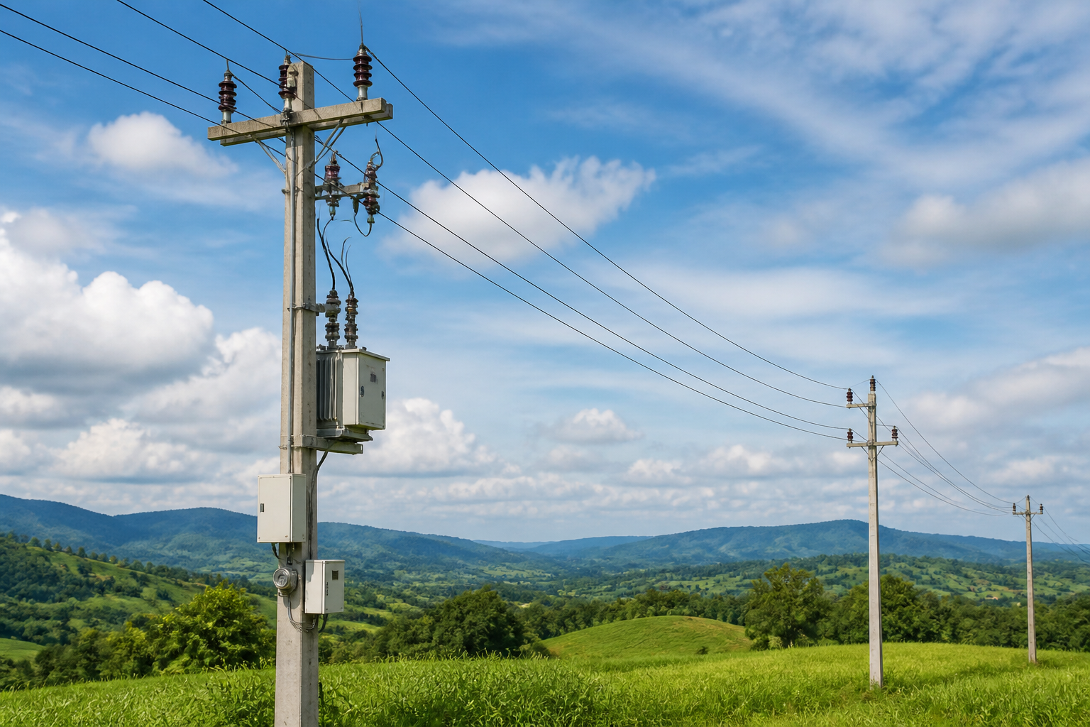 Pole-mounted metering equipment on a rural distribution line across open farmland