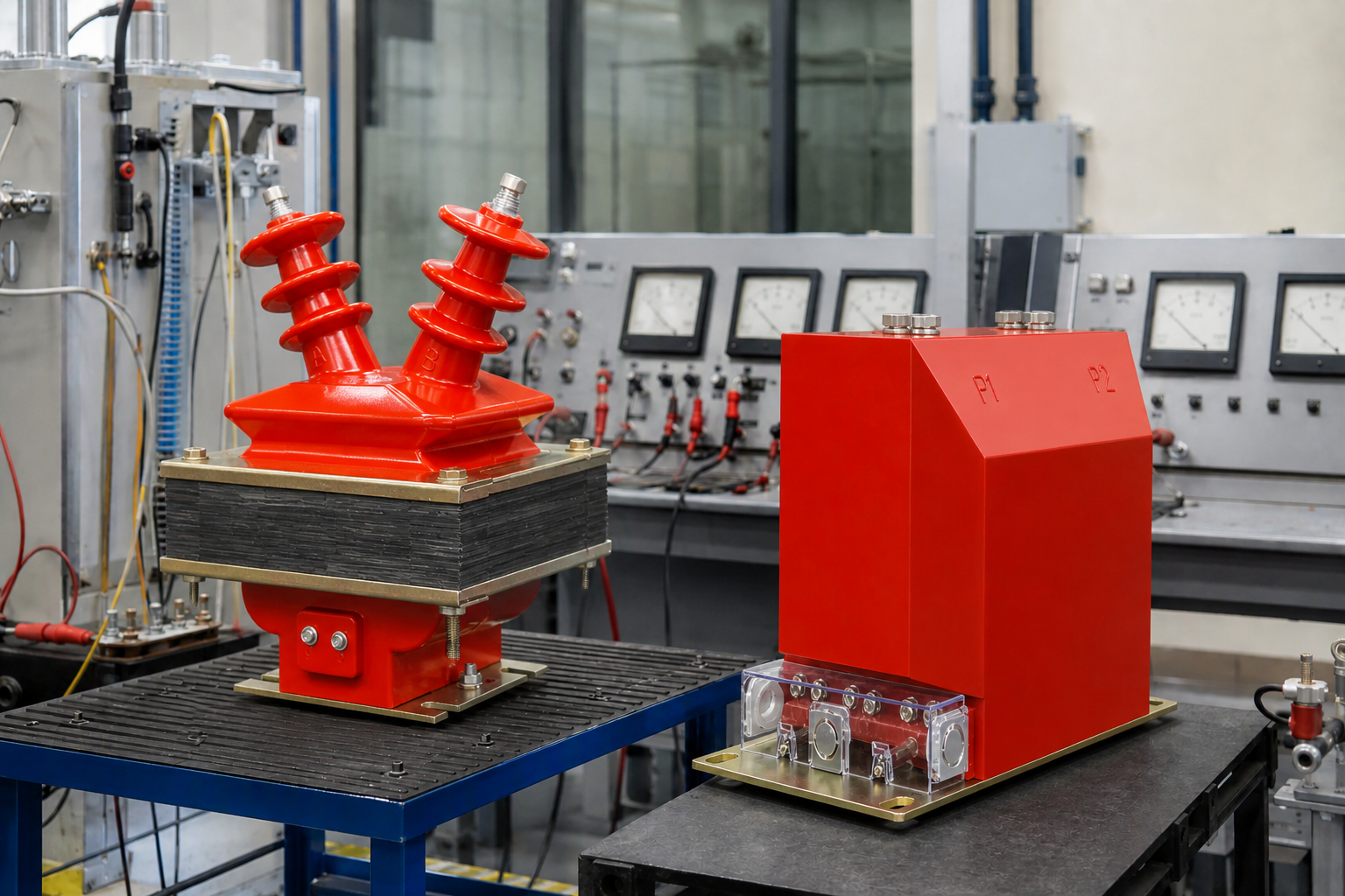 Current and voltage transformers side by side on a test bench with measuring instruments