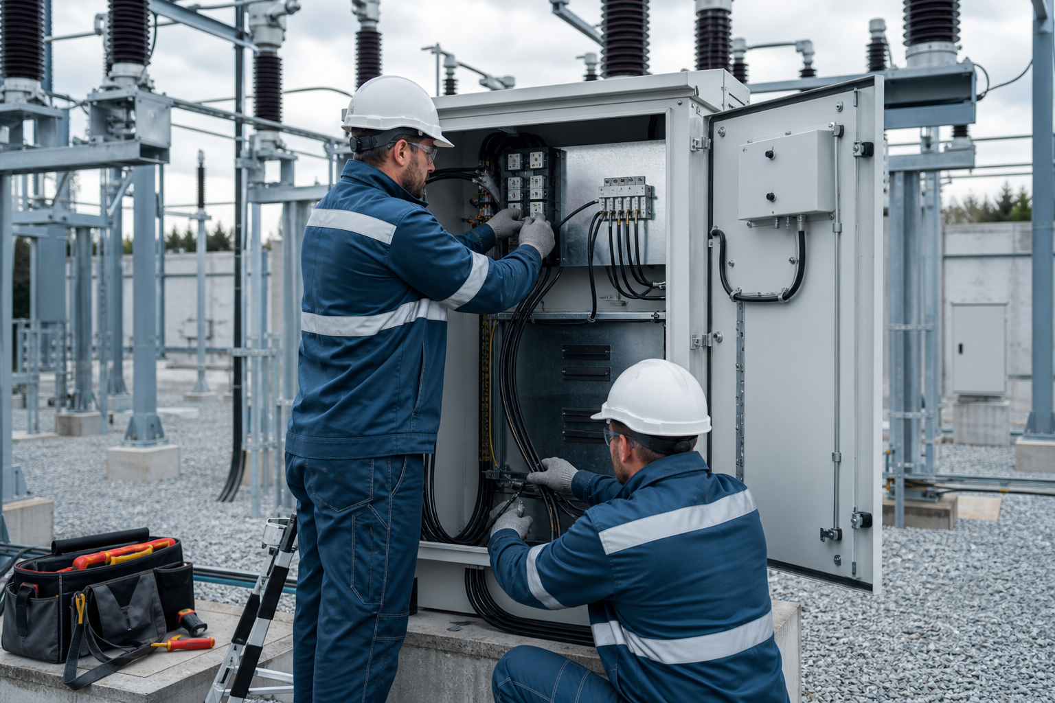Engineers wiring the secondary terminals of an outdoor high-voltage metering cabinet