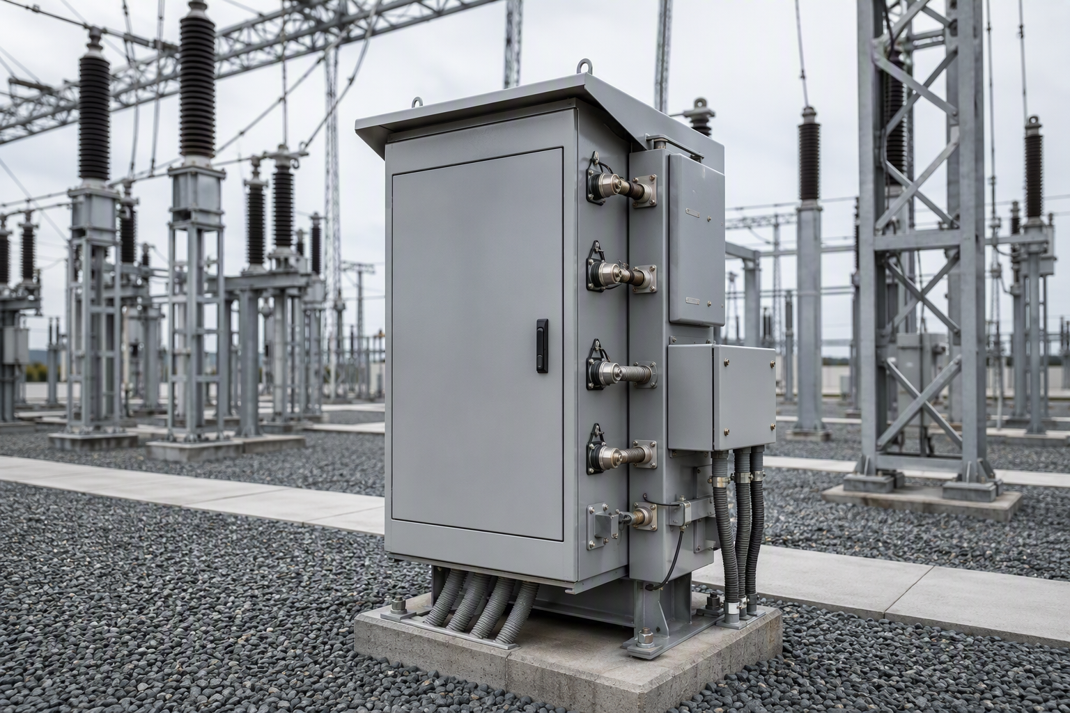 Outdoor stainless-steel metering cabinet installed in a substation yard