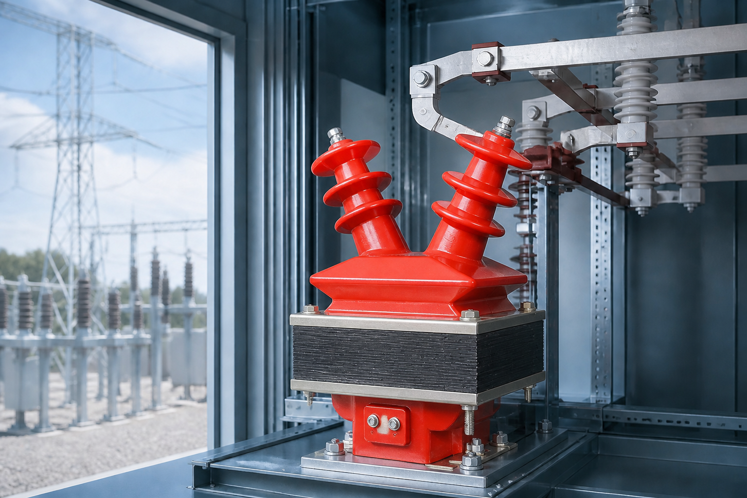 Cast-resin instrument transformer installed in switchgear beside a substation window