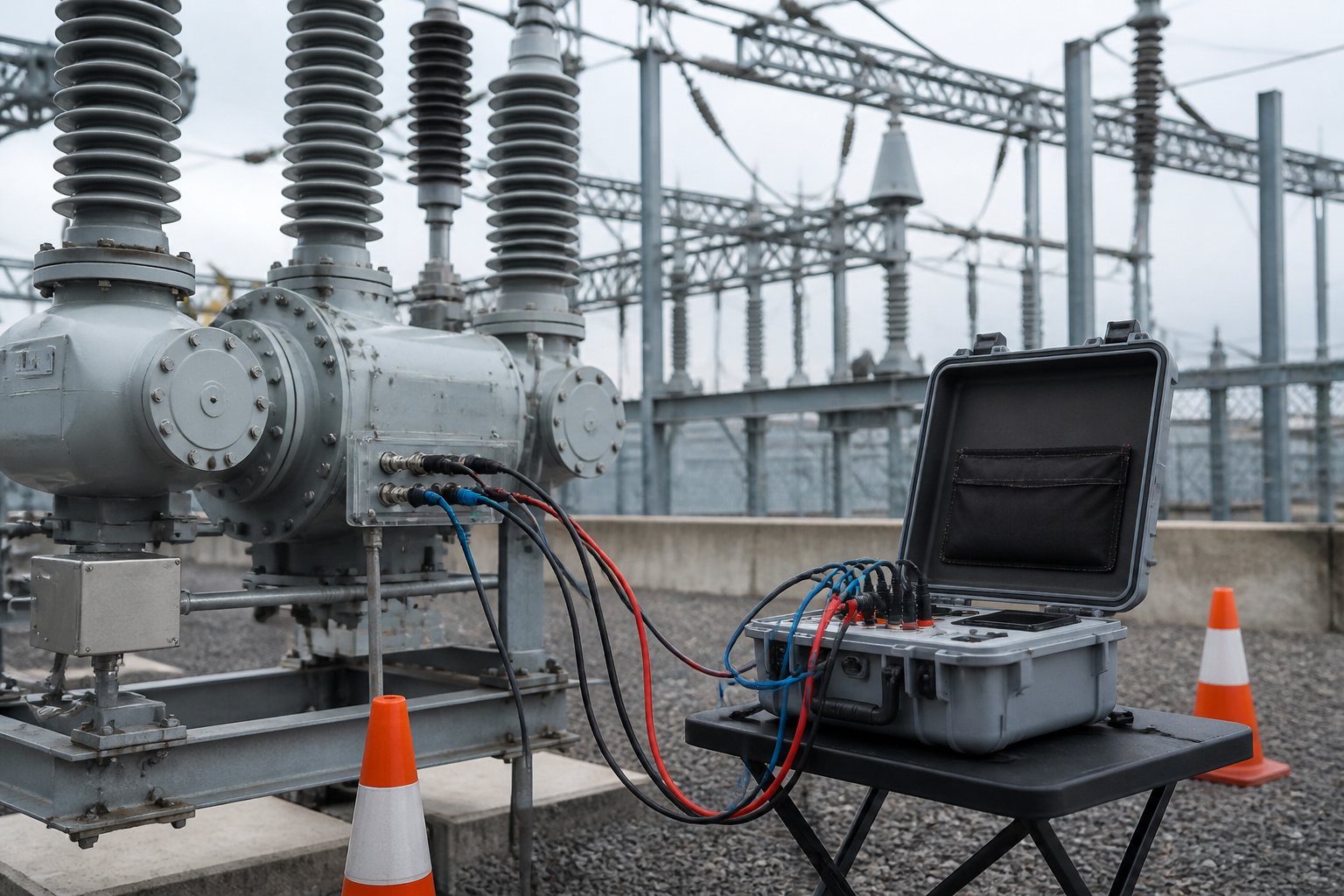 Instrument transformer under test at a high-voltage substation during commissioning
