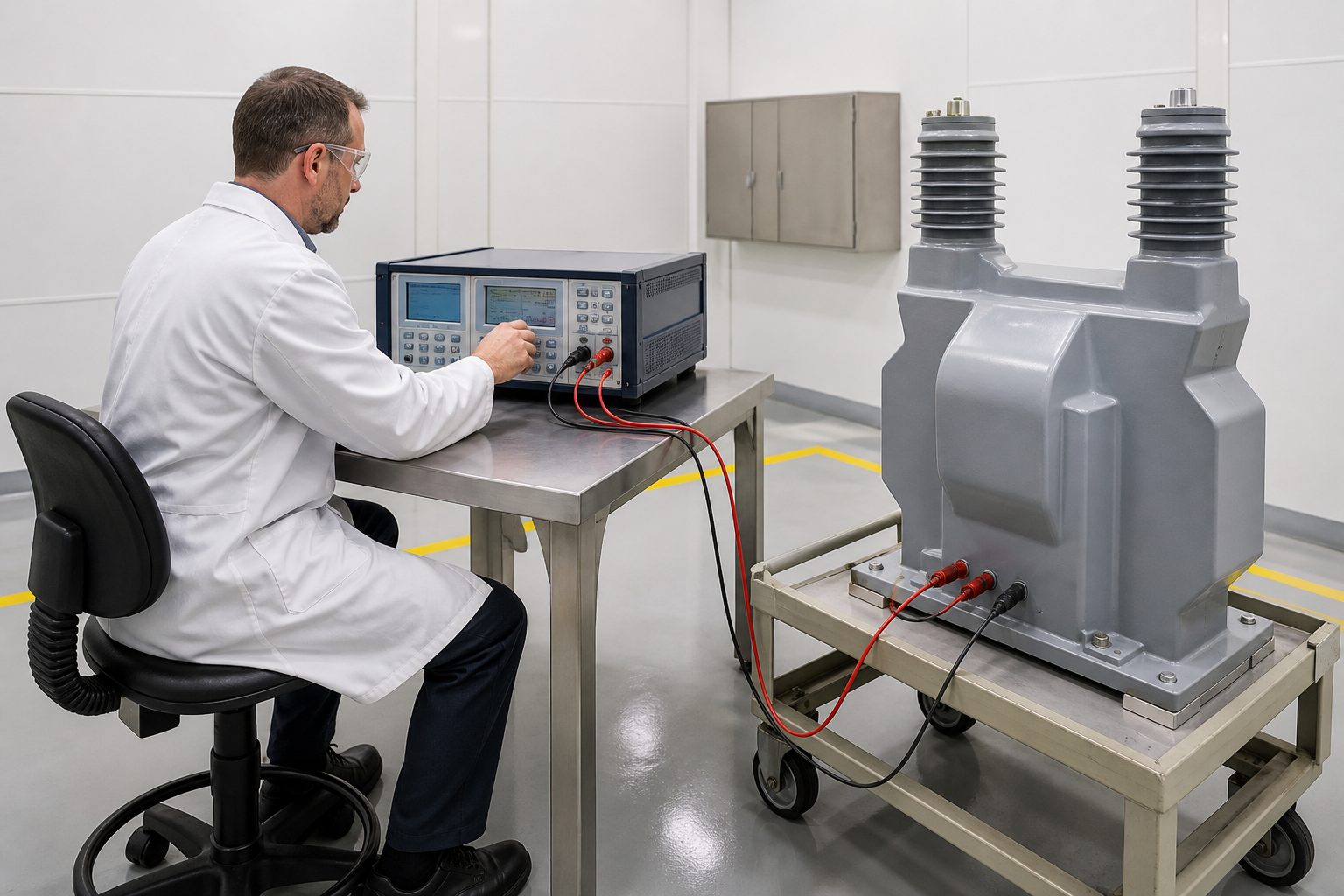 Engineer performing routine testing on a voltage transformer with a digital test set in the NAHU factory laboratory